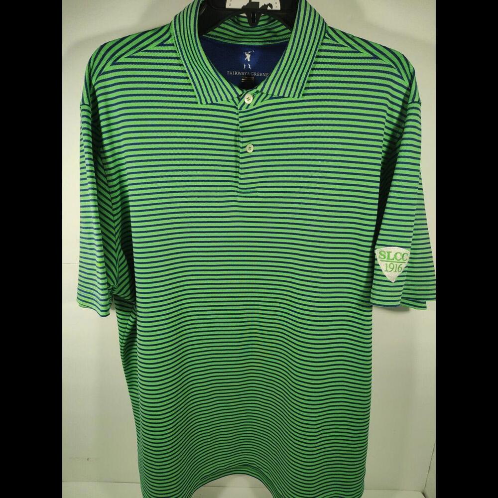 Fairway & Greene Golf Polo Shirt Men's Large Green Blue Stripe SLCC 1916 Patch